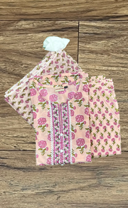 Peach/Pink Jaipur Cotton Kurti With Pant And Dupatta Set  .Pure Versatile Cotton. | Laces and Frills - Laces and Frills