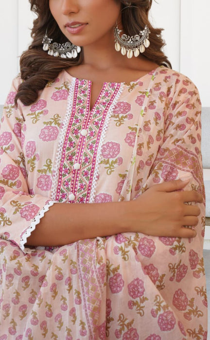 Peach/Pink Jaipur Cotton Kurti With Pant And Dupatta Set  .Pure Versatile Cotton. | Laces and Frills - Laces and Frills