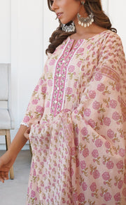 Peach/Pink Jaipur Cotton Kurti With Pant And Dupatta Set  .Pure Versatile Cotton. | Laces and Frills - Laces and Frills