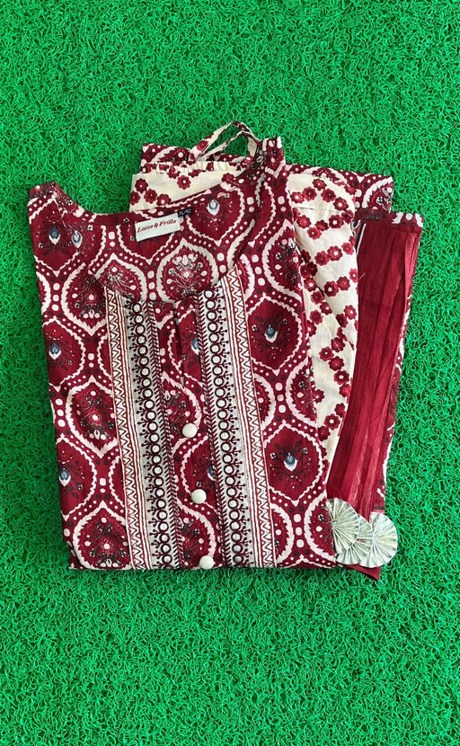 Maroon/Cream Floral Jaipur Cotton Kurti With Pant And Dupatta Set  .Pure Versatile Cotton. | Laces and Frills - Laces and Frills