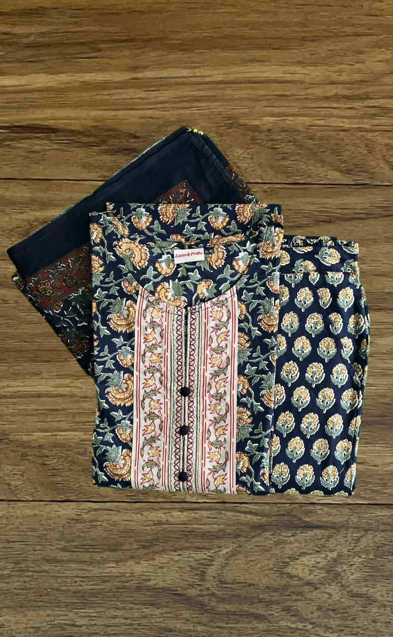 Black/Mustard Garden Jaipur Cotton Kurti With Pant And Dupatta Set  .Pure Versatile Cotton. | Laces and Frills - Laces and Frills