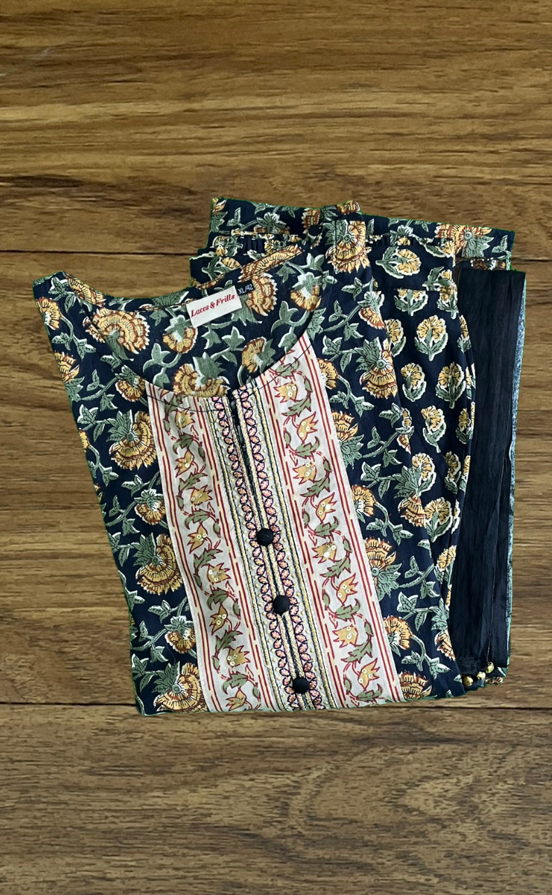 Black/Mustard Garden Jaipur Cotton Kurti With Pant And Dupatta Set  .Pure Versatile Cotton. | Laces and Frills - Laces and Frills