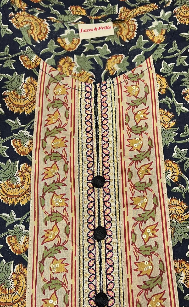 Black/Mustard Garden Jaipur Cotton Kurti With Pant And Dupatta Set  .Pure Versatile Cotton. | Laces and Frills - Laces and Frills