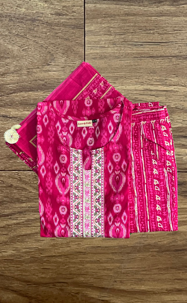 Hot Pink Abstract Jaipur Cotton Kurti With Pant And Dupatta Set  .Pure Versatile Cotton. | Laces and Frills - Laces and Frills