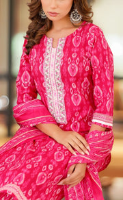 Hot Pink Abstract Jaipur Cotton Kurti With Pant And Dupatta Set  .Pure Versatile Cotton. | Laces and Frills - Laces and Frills