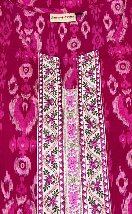 Hot Pink Abstract Jaipur Cotton Kurti With Pant And Dupatta Set  .Pure Versatile Cotton. | Laces and Frills - Laces and Frills