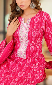 Hot Pink Abstract Jaipur Cotton Kurti With Pant And Dupatta Set  .Pure Versatile Cotton. | Laces and Frills - Laces and Frills