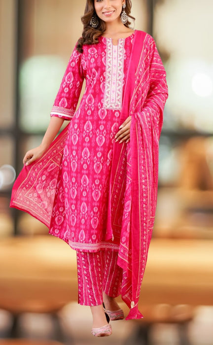 Hot Pink Abstract Jaipur Cotton Kurti With Pant And Dupatta Set  .Pure Versatile Cotton. | Laces and Frills - Laces and Frills