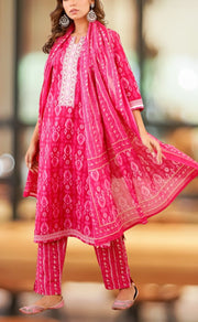 Hot Pink Abstract Jaipur Cotton Kurti With Pant And Dupatta Set  .Pure Versatile Cotton. | Laces and Frills - Laces and Frills