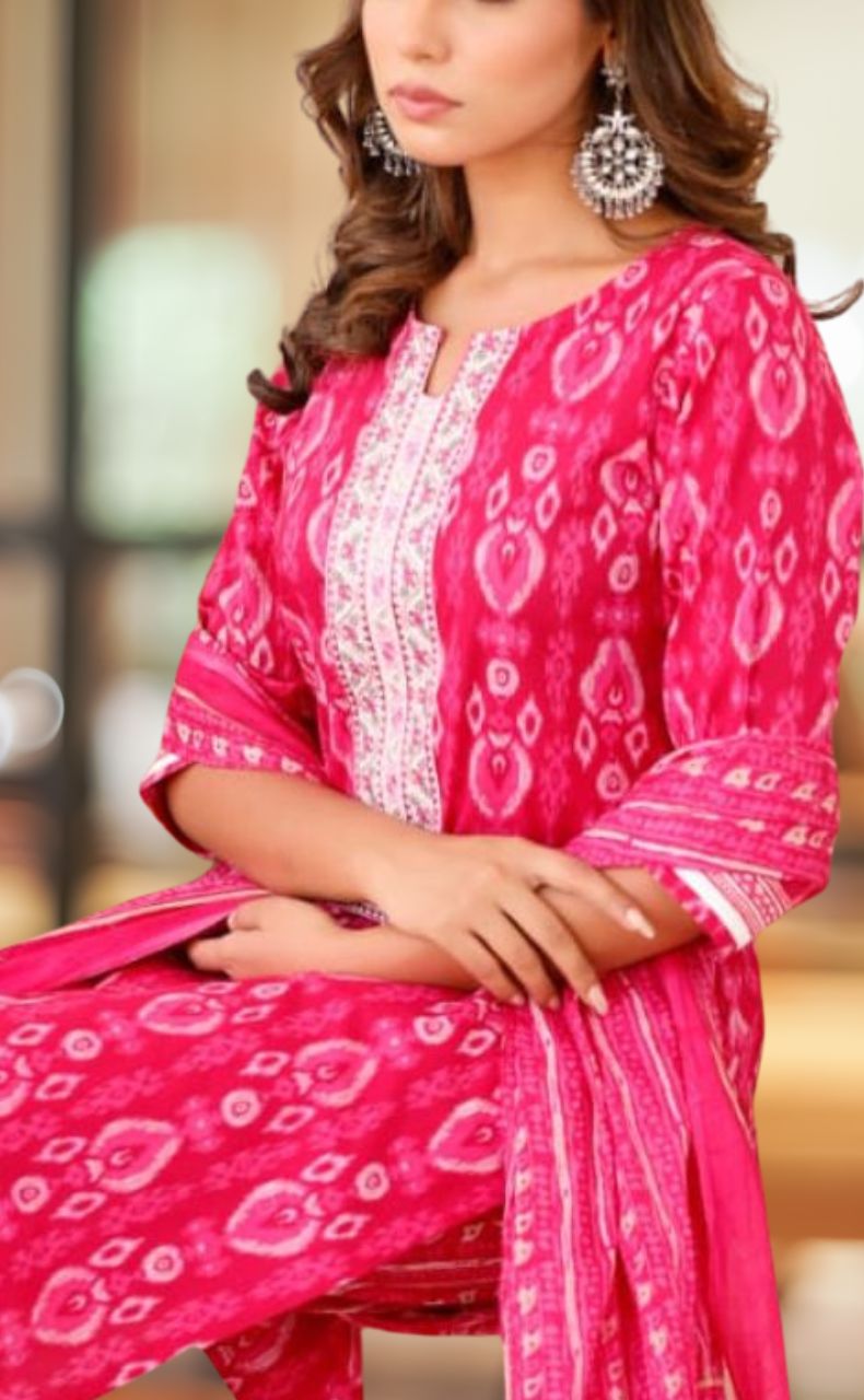Hot Pink Abstract Jaipur Cotton Kurti With Pant And Dupatta Set  .Pure Versatile Cotton. | Laces and Frills - Laces and Frills