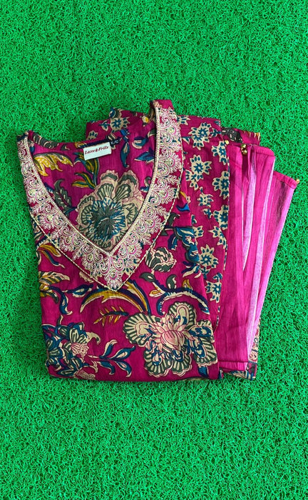 Rani Pink Garden Jaipur Cotton Kurti With Pant And Dupatta Set  .Pure Versatile Cotton. | Laces and Frills - Laces and Frills