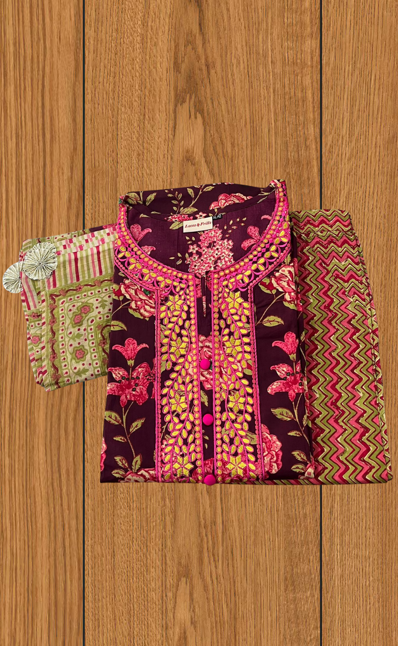 Maroon Embroidery Kurti With Pant And Dupatta Set .Pure Versatile Cotton. | Laces and Frills