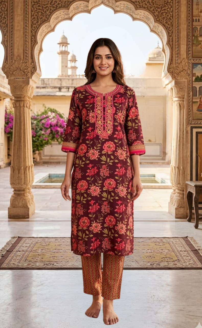 Maroon Embroidery Kurti With Pant And Dupatta Set .Pure Versatile Cotton. | Laces and Frills - Laces and Frills