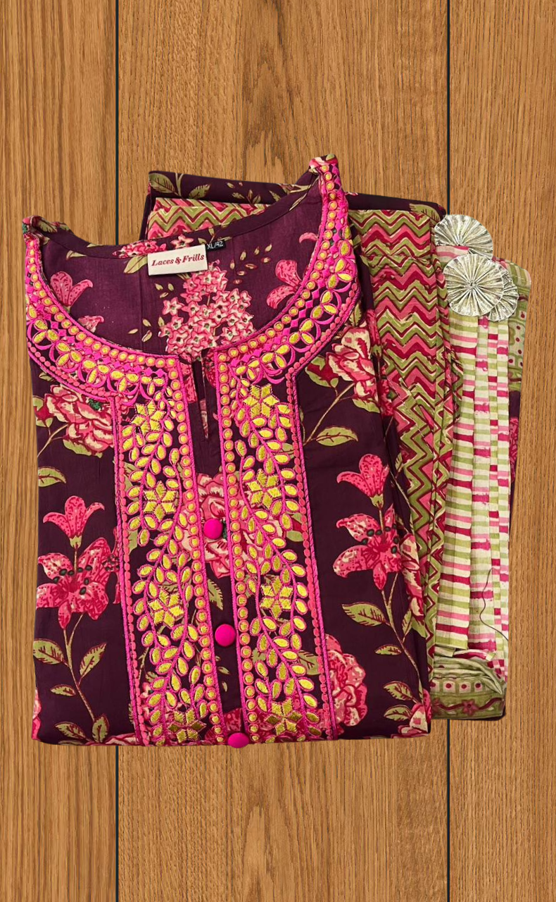 Maroon Embroidery Kurti With Pant And Dupatta Set .Pure Versatile Cotton. | Laces and Frills
