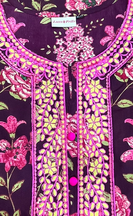 Wine Purple/Pink Embroidery Kurti With Pant And Dupatta Set .Pure Versatile Cotton. | Laces and Frills - Laces and Frills
