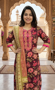 Maroon Embroidery Kurti With Pant And Dupatta Set .Pure Versatile Cotton. | Laces and Frills - Laces and Frills