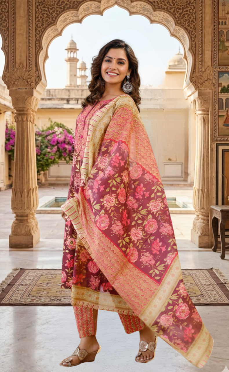 Maroon Embroidery Kurti With Pant And Dupatta Set .Pure Versatile Cotton. | Laces and Frills - Laces and Frills
