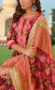 Wine Purple/Pink Embroidery Kurti With Pant And Dupatta Set .Pure Versatile Cotton. | Laces and Frills - Laces and Frills