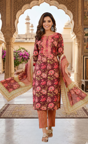 Maroon Embroidery Kurti With Pant And Dupatta Set .Pure Versatile Cotton. | Laces and Frills - Laces and Frills