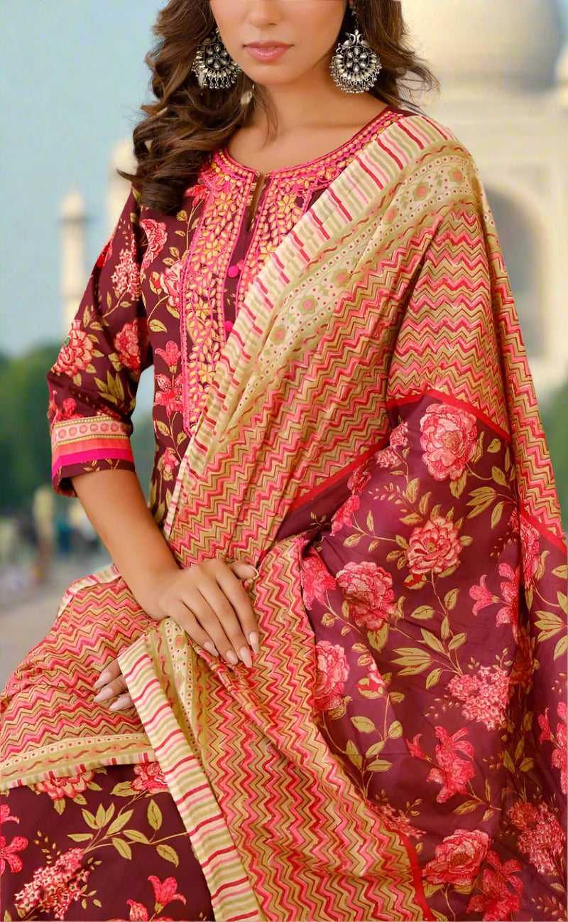 Wine Purple/Pink Embroidery Kurti With Pant And Dupatta Set .Pure Versatile Cotton. | Laces and Frills - Laces and Frills