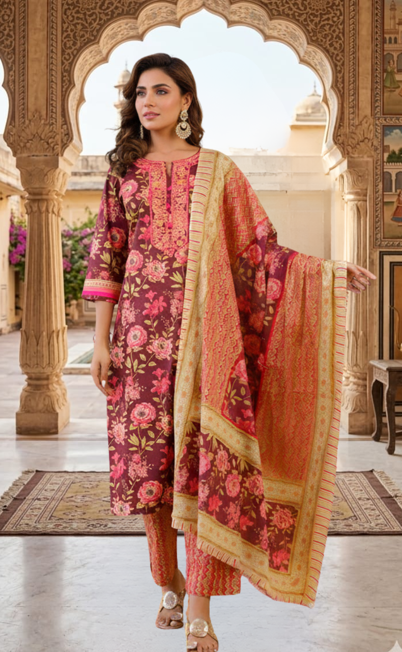 Maroon Embroidery Kurti With Pant And Dupatta Set .Pure Versatile Cotton. | Laces and Frills - Laces and Frills