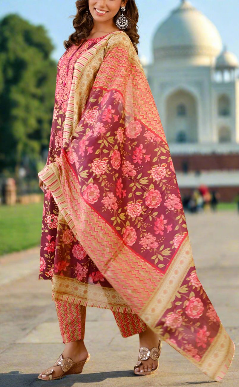 Wine Purple/Pink Embroidery Kurti With Pant And Dupatta Set .Pure Versatile Cotton. | Laces and Frills - Laces and Frills