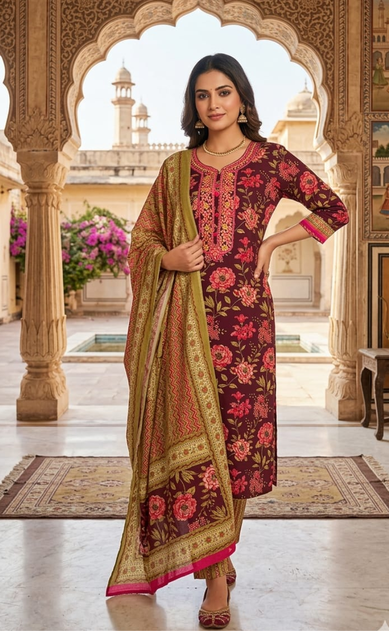 Maroon Embroidery Kurti With Pant And Dupatta Set .Pure Versatile Cotton. | Laces and Frills - Laces and Frills