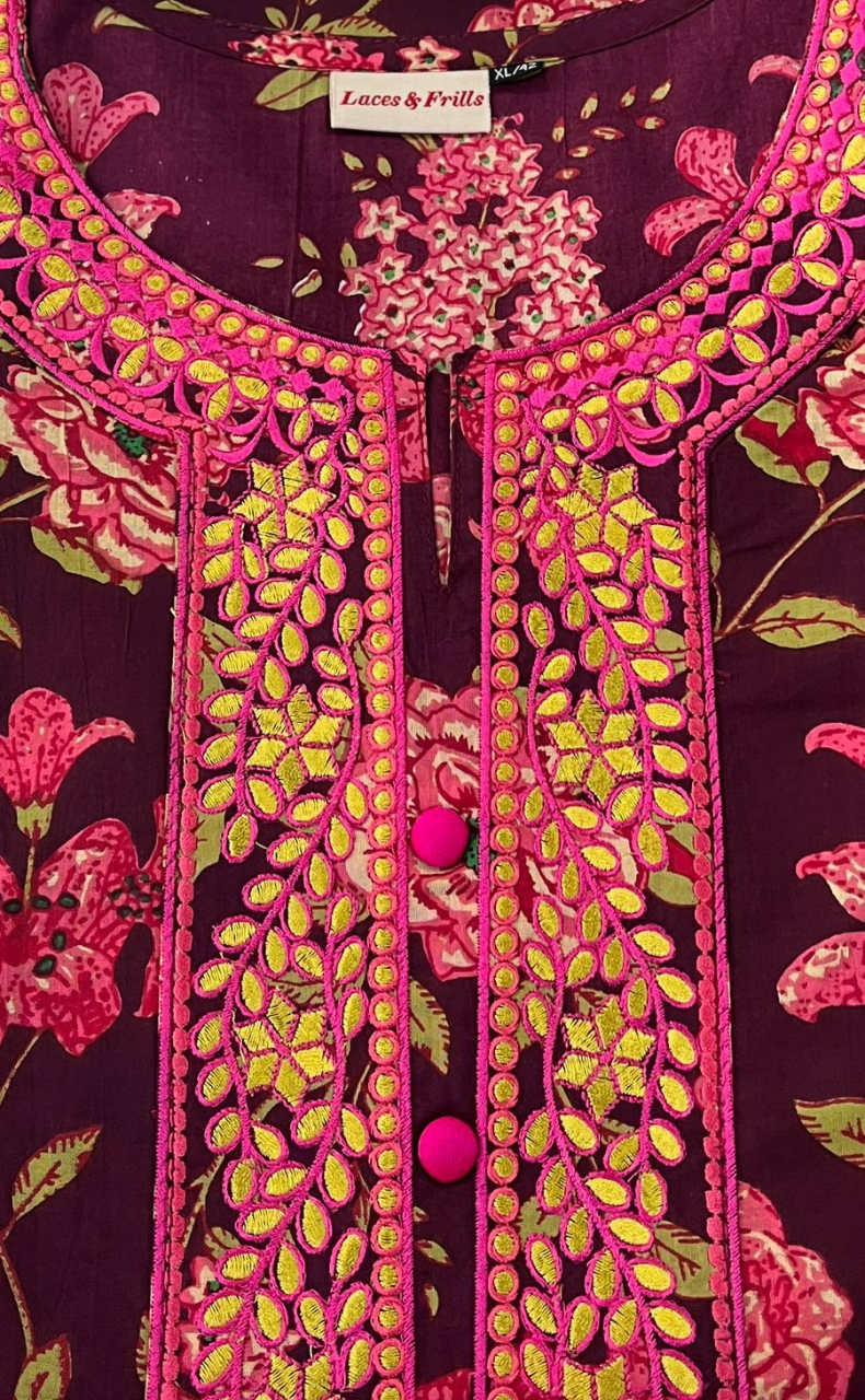 Maroon Embroidery Kurti With Pant And Dupatta Set .Pure Versatile Cotton. | Laces and Frills