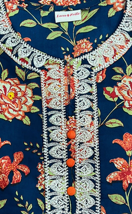 Indigo Blue/Orange Zari Embroidery Kurti With Pant And Dupatta Set  .Pure Versatile Cotton. | Laces and Frills - Laces and Frills