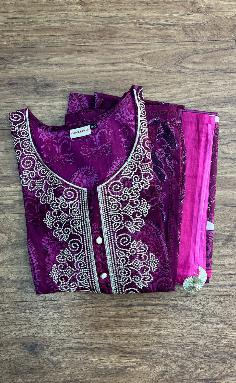 Beetroot Pink Floral Jaipur Cotton Kurti With Pant And Cotton Dupatta Set  .Pure Versatile Cotton. | Laces and Frills - Laces and Frills