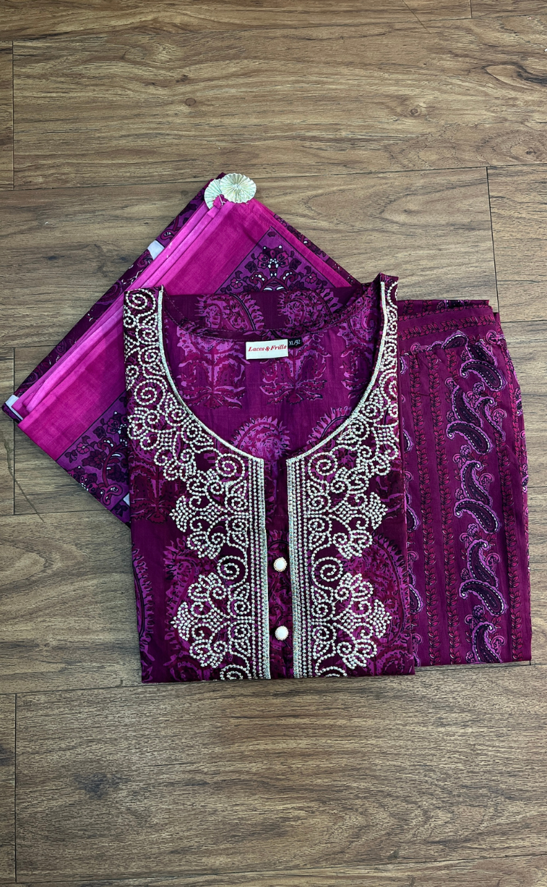 Beetroot Pink Floral Jaipur Cotton Kurti With Pant And Cotton Dupatta Set  .Pure Versatile Cotton. | Laces and Frills - Laces and Frills