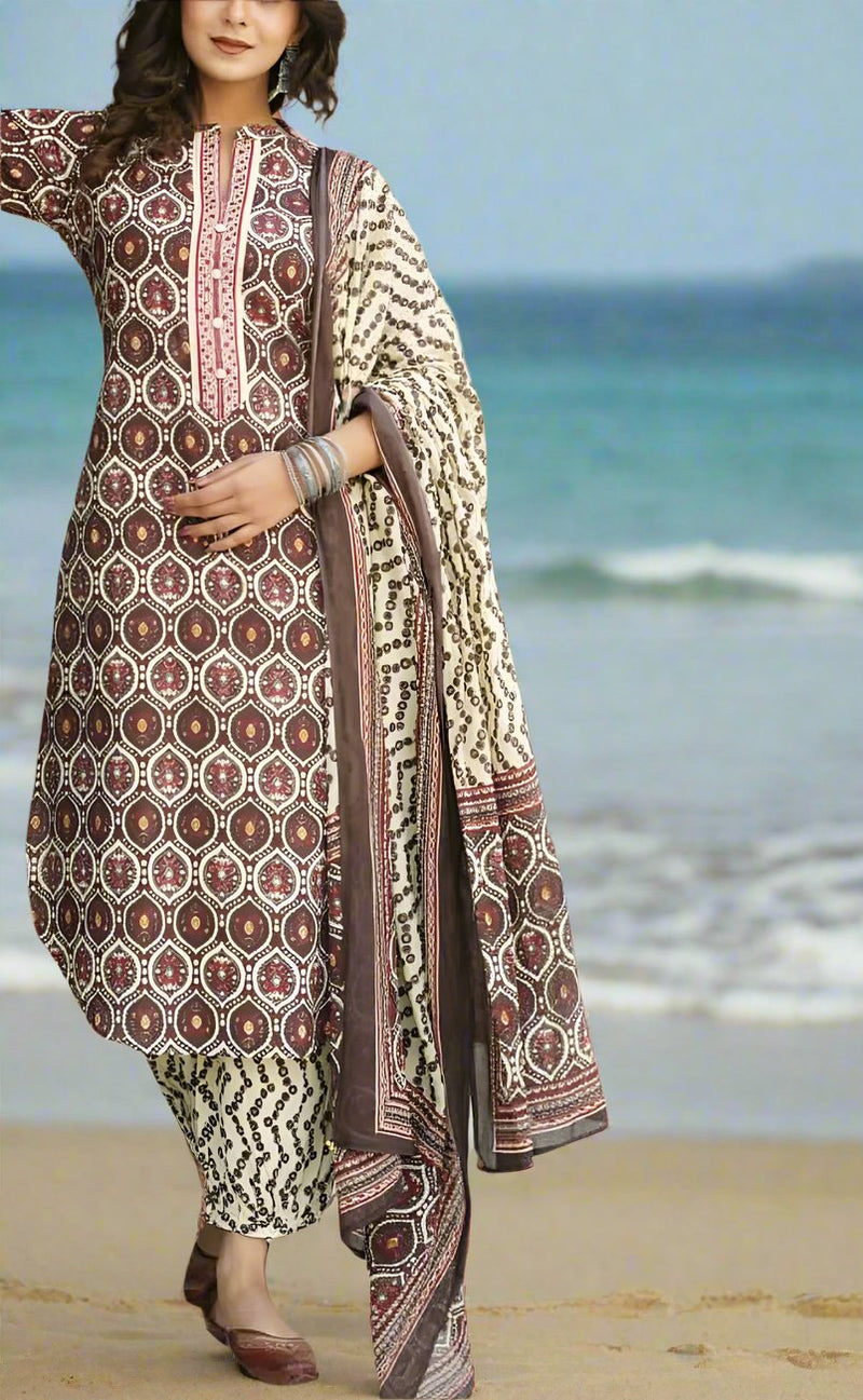 Brown/Cream Garden Jaipur Cotton Kurti With Pathani Pant And Cotton Dupatta Set  .Pure Versatile Cotton. | Laces and Frills - Laces and Frills