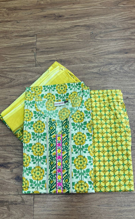 Green/Yellow Floral Jaipur Cotton Kurti With Pant And Dupatta Set  .Pure Versatile Cotton. | Laces and Frills - Laces and Frills