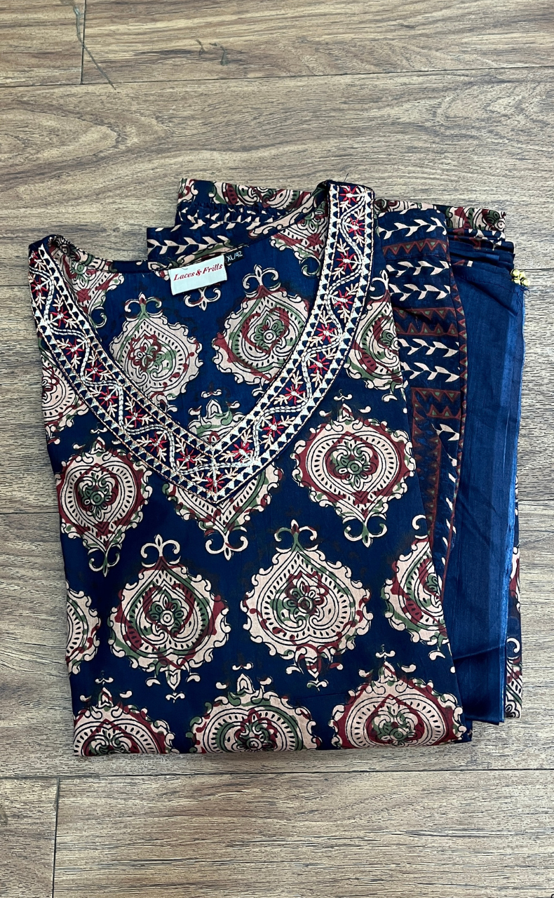 Navy Blue Ajrakh Print Jaipur Cotton Kurti With Pant And Dupatta Set  .Pure Versatile Cotton. | Laces and Frills - Laces and Frills