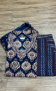 Navy Blue Ajrakh Print Jaipur Cotton Kurti With Pant And Dupatta Set  .Pure Versatile Cotton. | Laces and Frills - Laces and Frills