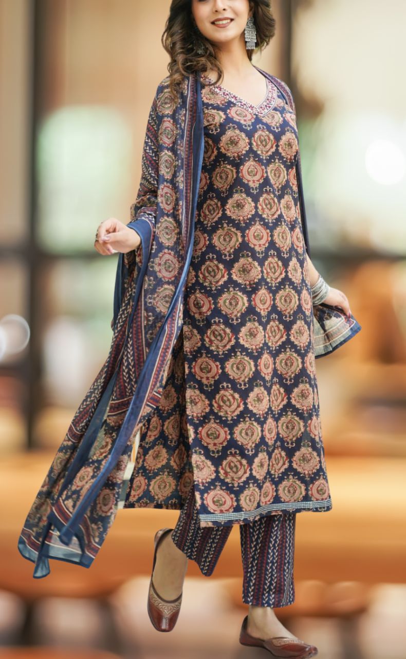 Navy Blue Ajrakh Print Jaipur Cotton Kurti With Pant And Dupatta Set  .Pure Versatile Cotton. | Laces and Frills - Laces and Frills