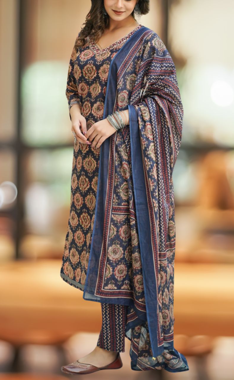 Navy Blue Ajrakh Print Jaipur Cotton Kurti With Pant And Dupatta Set  .Pure Versatile Cotton. | Laces and Frills - Laces and Frills