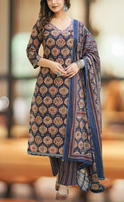 Navy Blue Ajrakh Print Jaipur Cotton Kurti With Pant And Dupatta Set  .Pure Versatile Cotton. | Laces and Frills - Laces and Frills