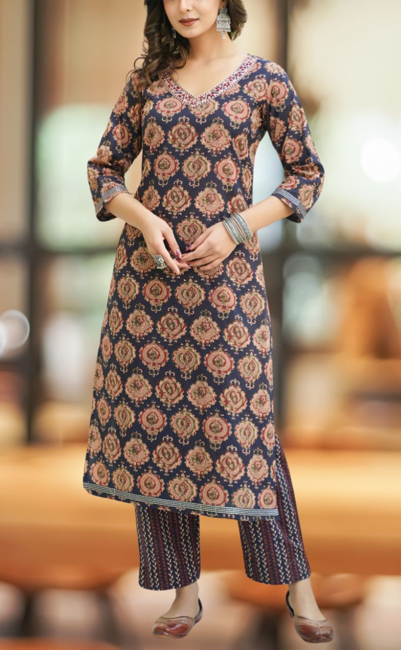 Navy Blue Ajrakh Print Jaipur Cotton Kurti With Pant And Dupatta Set  .Pure Versatile Cotton. | Laces and Frills - Laces and Frills
