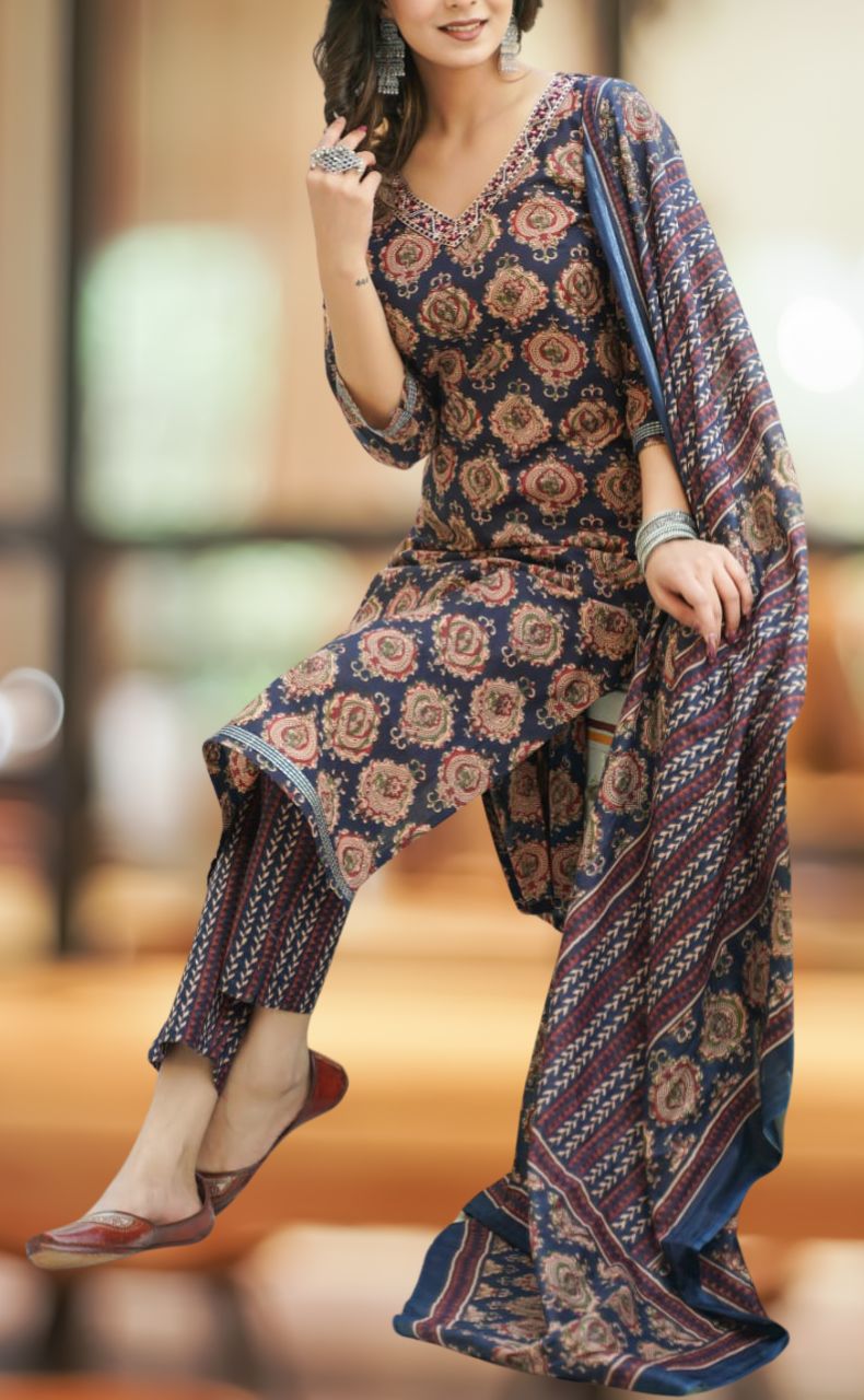 Navy Blue Ajrakh Print Jaipur Cotton Kurti With Pant And Dupatta Set  .Pure Versatile Cotton. | Laces and Frills - Laces and Frills