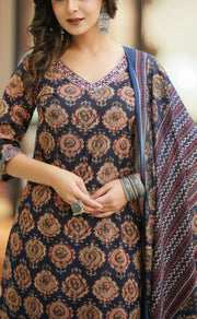 Navy Blue Ajrakh Print Jaipur Cotton Kurti With Pant And Dupatta Set  .Pure Versatile Cotton. | Laces and Frills - Laces and Frills