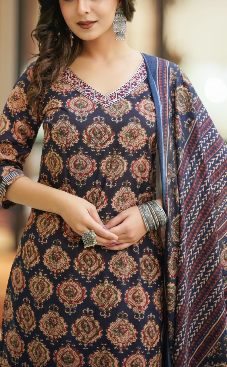 Navy Blue Ajrakh Print Jaipur Cotton Kurti With Pant And Dupatta Set  .Pure Versatile Cotton. | Laces and Frills - Laces and Frills