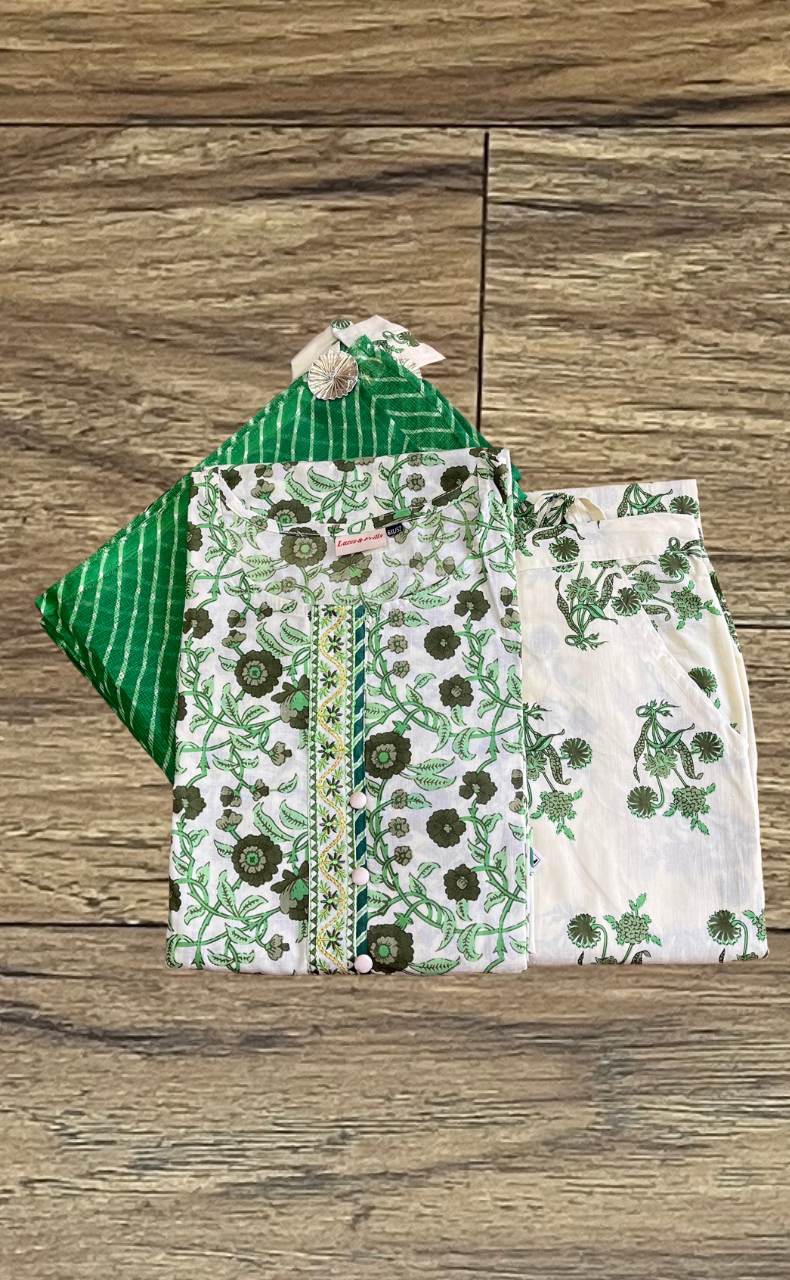 White/Green Garden Jaipur Cotton Kurti With Pant And Dupatta Set  .Pure Versatile Cotton. | Laces and Frills - Laces and Frills