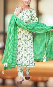 White/Green Garden Jaipur Cotton Kurti With Pant And Dupatta Set  .Pure Versatile Cotton. | Laces and Frills - Laces and Frills