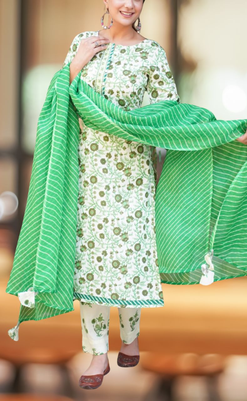 White/Green Garden Jaipur Cotton Kurti With Pant And Dupatta Set  .Pure Versatile Cotton. | Laces and Frills - Laces and Frills