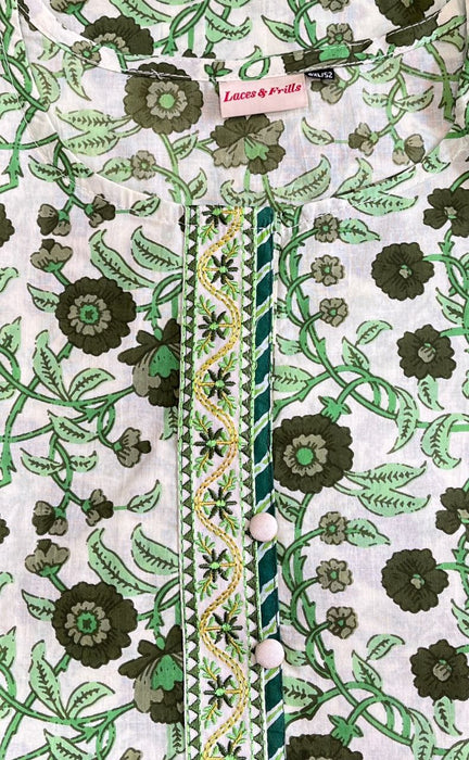 White/Green Garden Jaipur Cotton Kurti With Pant And Dupatta Set  .Pure Versatile Cotton. | Laces and Frills - Laces and Frills