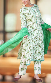 White/Green Garden Jaipur Cotton Kurti With Pant And Dupatta Set  .Pure Versatile Cotton. | Laces and Frills - Laces and Frills