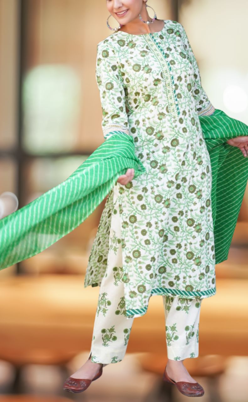 White/Green Garden Jaipur Cotton Kurti With Pant And Dupatta Set  .Pure Versatile Cotton. | Laces and Frills - Laces and Frills