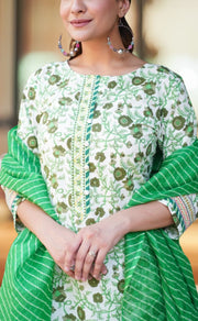 White/Green Garden Jaipur Cotton Kurti With Pant And Dupatta Set  .Pure Versatile Cotton. | Laces and Frills - Laces and Frills