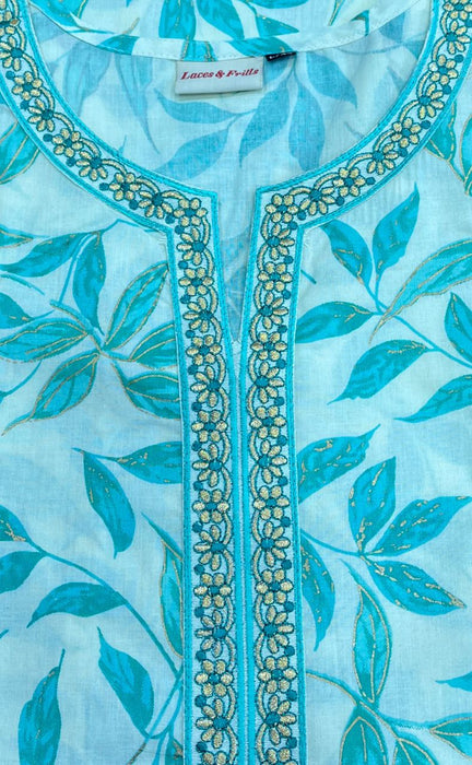 Off White/Sea Green Leafy Jaipur Cotton Kurti With Pant And Dupatta Set  .Pure Versatile Cotton. | Laces and Frills - Laces and Frills